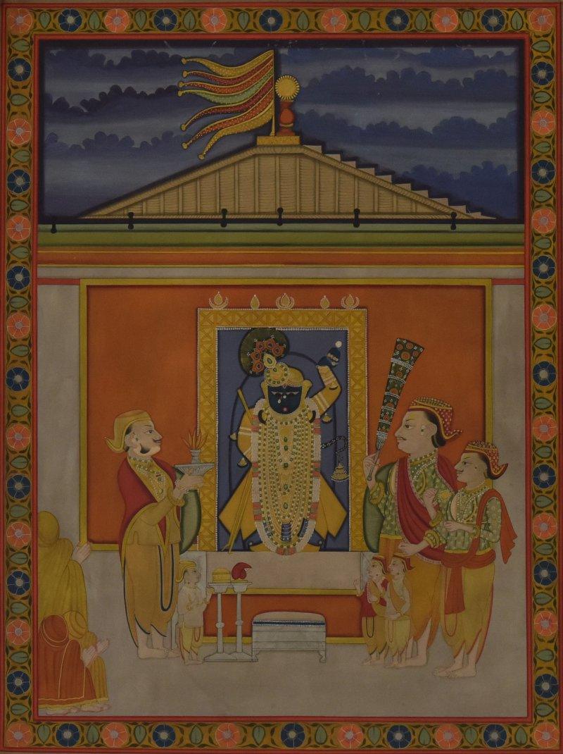 Religious tribal painting titled 'Pichwai', 21x28 inches, by artist Pichwai on Cloth