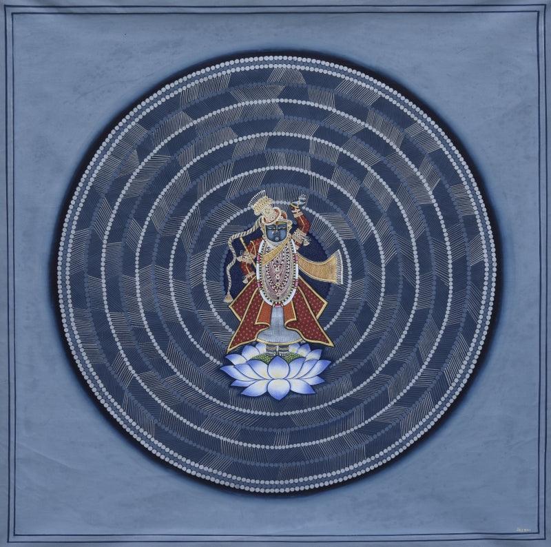 Religious pichwai traditional art titled 'Pichwai', 36x36 inches, by artist Pichwai Art on Cotton Cloth