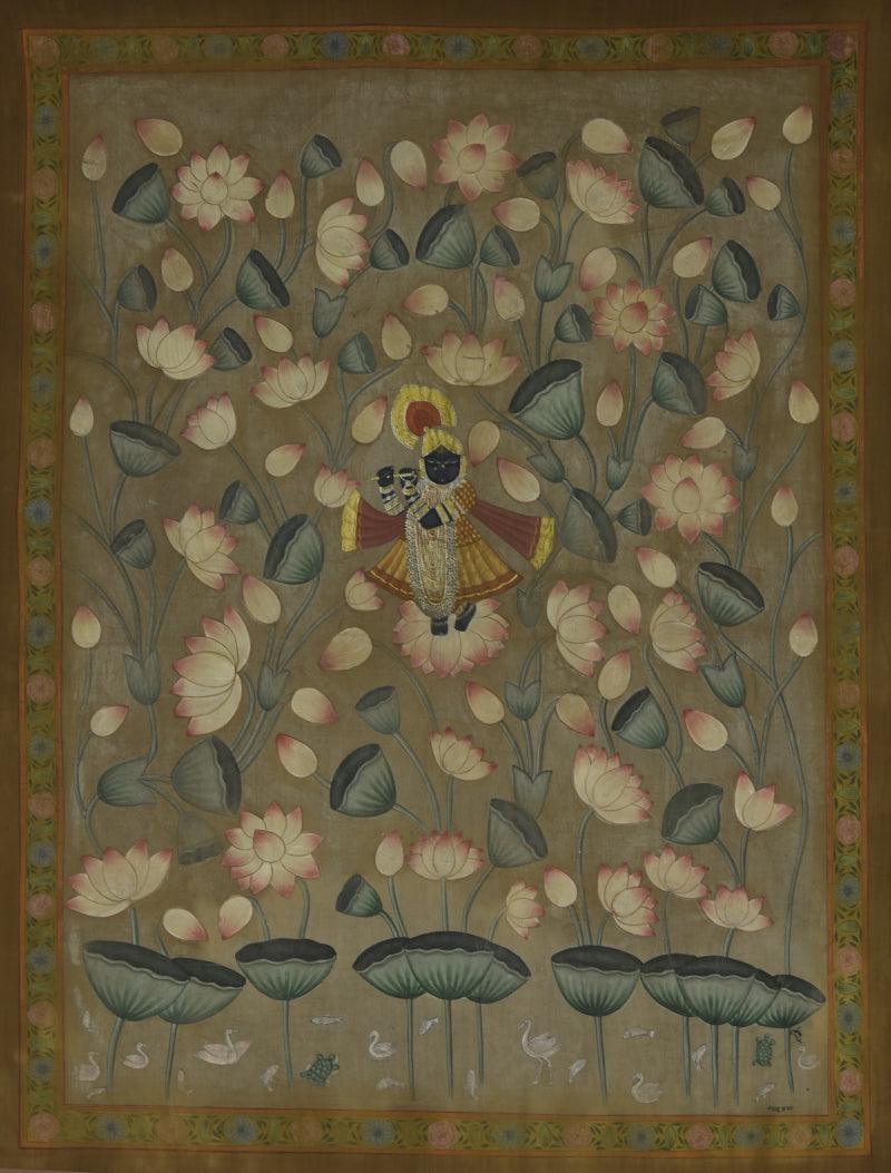 Religious pichwai traditional art titled 'Pichwai', 37x49 inches, by artist Pichwai Art on Cotton Cloth