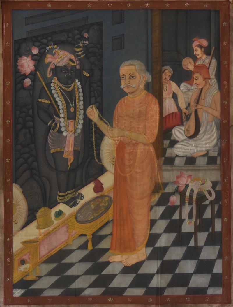 Religious tribal painting titled 'Pichwai', 35x47 inches, by artist Unknown on Cloth