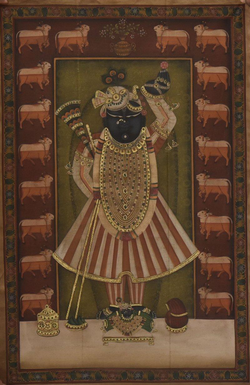 Religious tempera painting titled 'Pichwai', 23x36 inches, by artist Unknown on Cloth