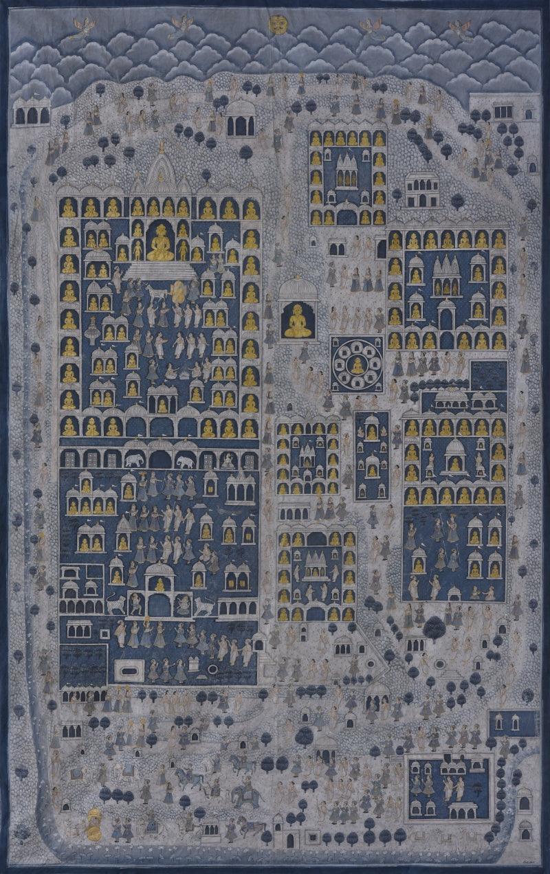 Religious pichwai traditional art titled 'Pichwai', 48x76 inches, by artist Pichwai Art on Cotton Cloth