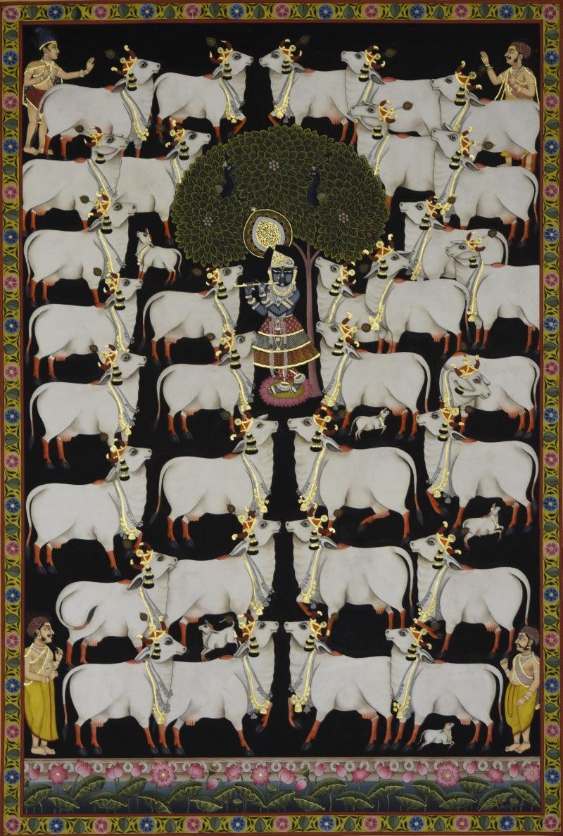 Religious pichwai traditional art titled 'Pichwai', 48x72 inches, by artist Nitin & Nilesh Sharma on Cotton Cloth