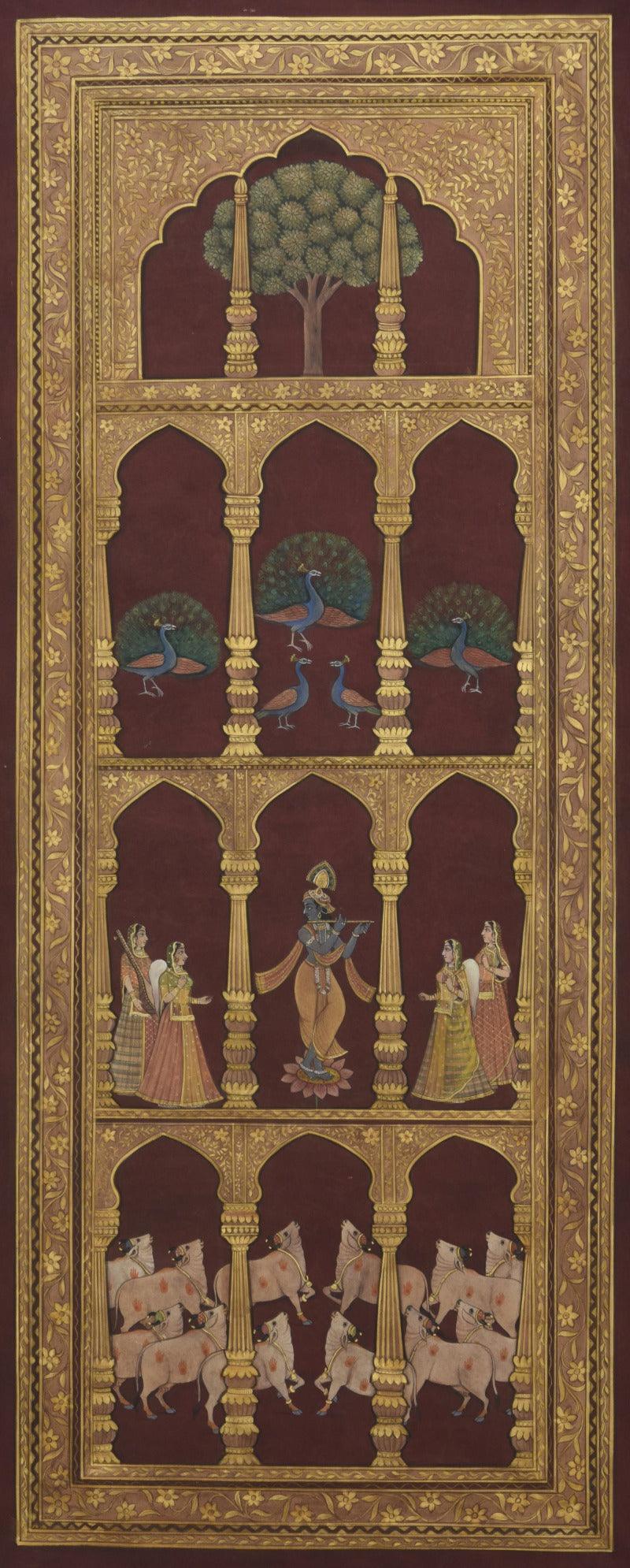 Religious pichwai traditional art titled 'Pichwai', 23x60 inches, by artist Pichwai Art on Cotton Cloth