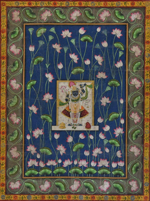 Religious tribal painting titled 'Pichwai', 36x49 inches, by artist Unknown on Cloth