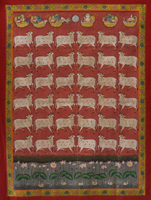 Animals tribal painting titled 'Pichwai', 36x49 inches, by artist Unknown on Cloth
