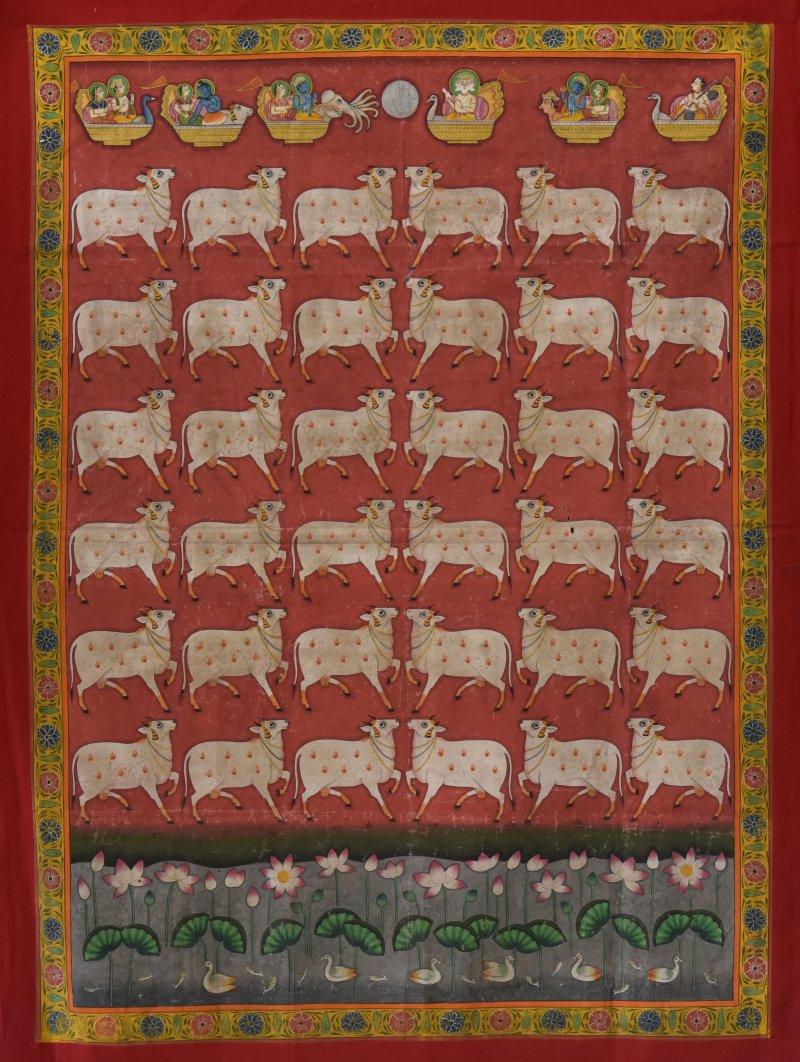 Animals tribal painting titled 'Pichwai', 36x49 inches, by artist Unknown on Cloth
