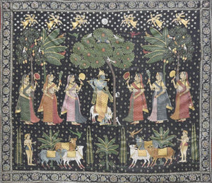 Religious mixed media painting titled 'Pichwai', 88x75 inches, by artist Pichwai on Cotton Cloth