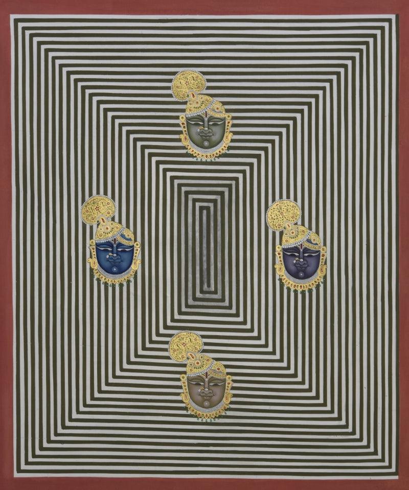 Religious pichwai traditional art titled 'Pichwai', 21x25 inches, by artist Pichwai Art on Cotton Cloth