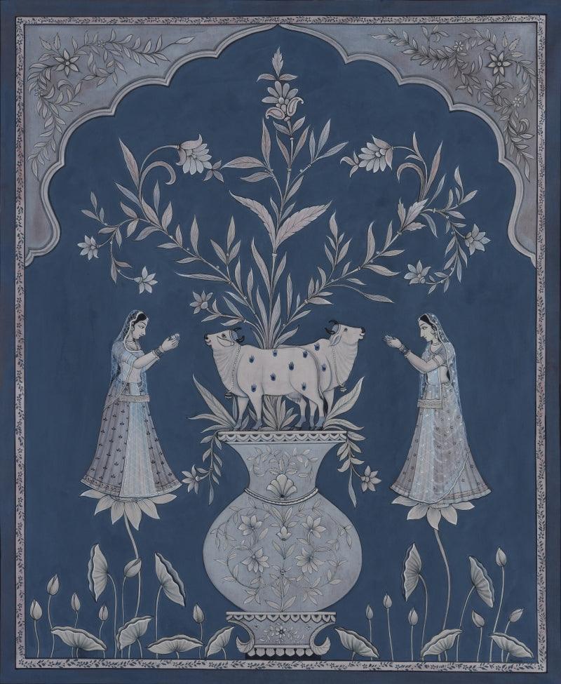 Religious pichwai traditional art titled 'Pichwai', 43x36 inches, by artist Pichwai Art on Cotton Cloth