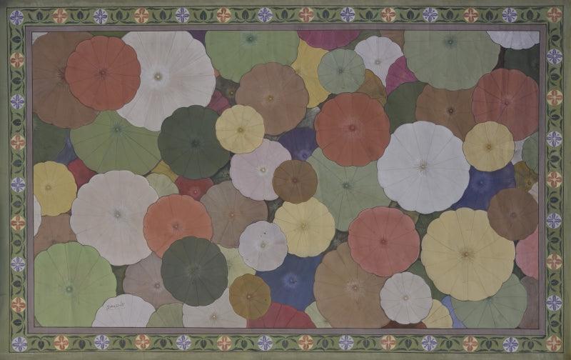 Religious pichwai traditional art titled 'Pichwai', 61x37 inches, by artist Pichwai Art on Cotton Cloth