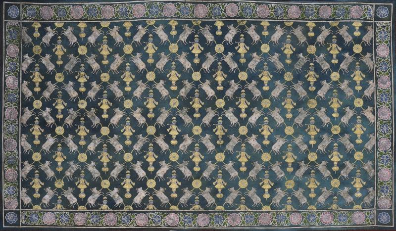 Religious pichwai traditional art titled 'Pichwai', 74x43 inches, by artist Pichwai Art on Cotton Cloth