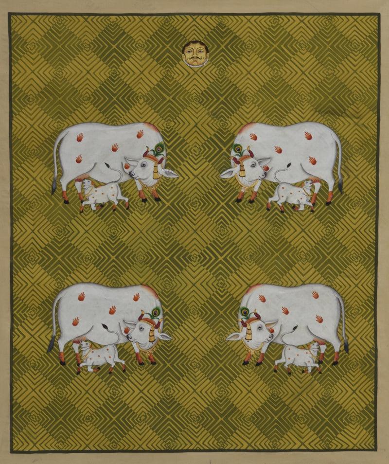 Religious pichwai traditional art titled 'Pichwai', 21x25 inches, by artist Pichwai Art on Cotton Cloth