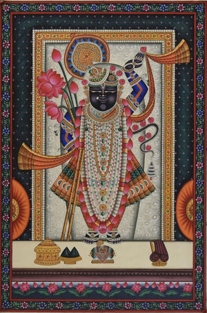 Religious tribal painting titled 'Pichwai', 24x36 inches, by artist Unknown on Cloth