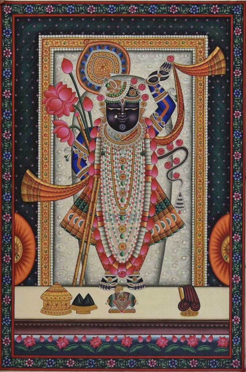 Religious tribal painting titled 'Pichwai', 24x36 inches, by artist Unknown on Cloth