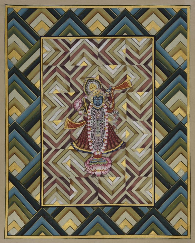 Religious pichwai traditional art titled 'Pichwai', 20x25 inches, by artist Pichwai Art on Cotton Cloth