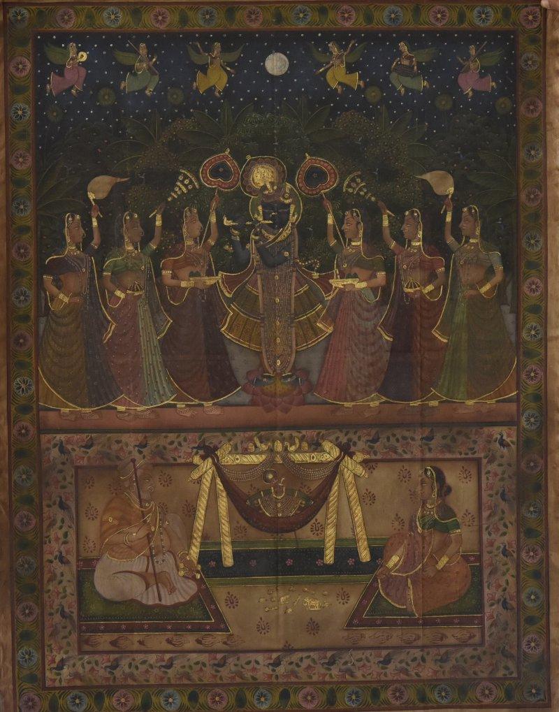 Religious tribal painting titled 'Pichwai', 36x47 inches, by artist Unknown on Cloth