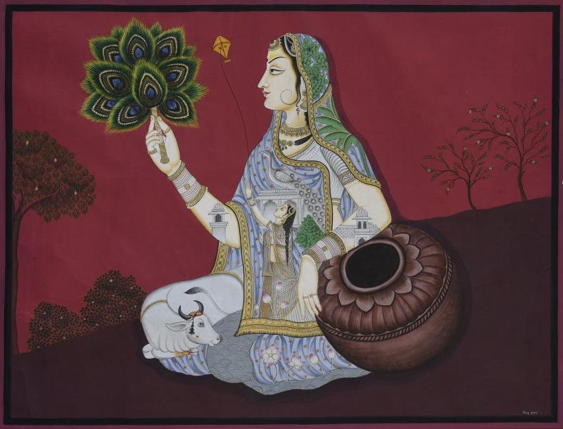 Religious pichwai traditional art titled 'Pichwai', 40x31 inches, by artist Pichwai Art on Cotton Cloth