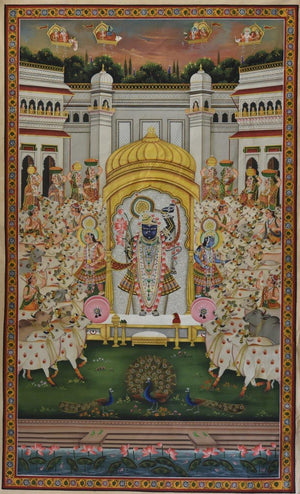 Religious tribal painting titled 'Pichwai', 36x60 inches, by artist Unknown on Cloth