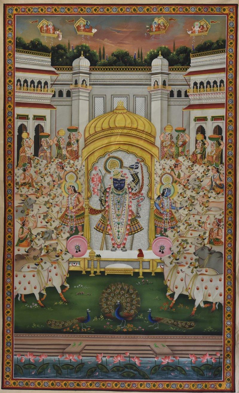 Religious tribal painting titled 'Pichwai', 36x60 inches, by artist Unknown on Cloth