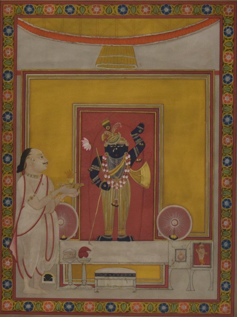 Religious tribal painting titled 'Pichwai', 21x27 inches, by artist Pichwai on Cloth