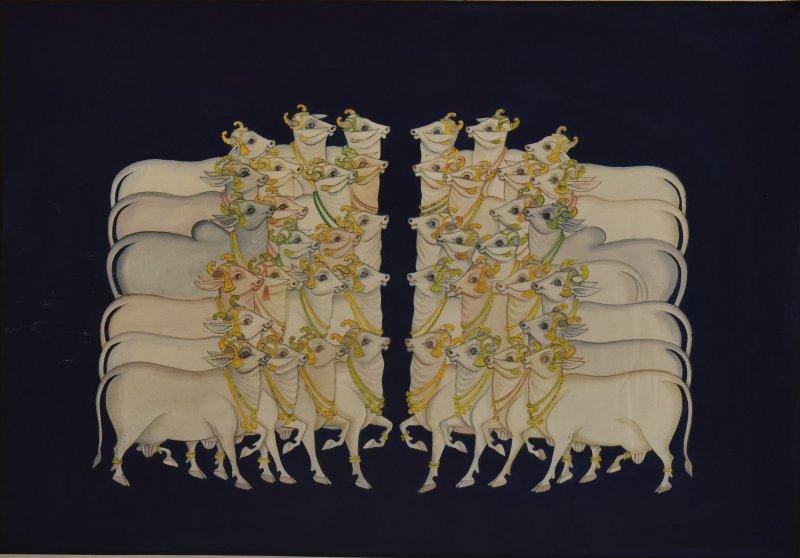 Animals tribal painting titled 'Pichwai', 39x27 inches, by artist Unknown on Cloth