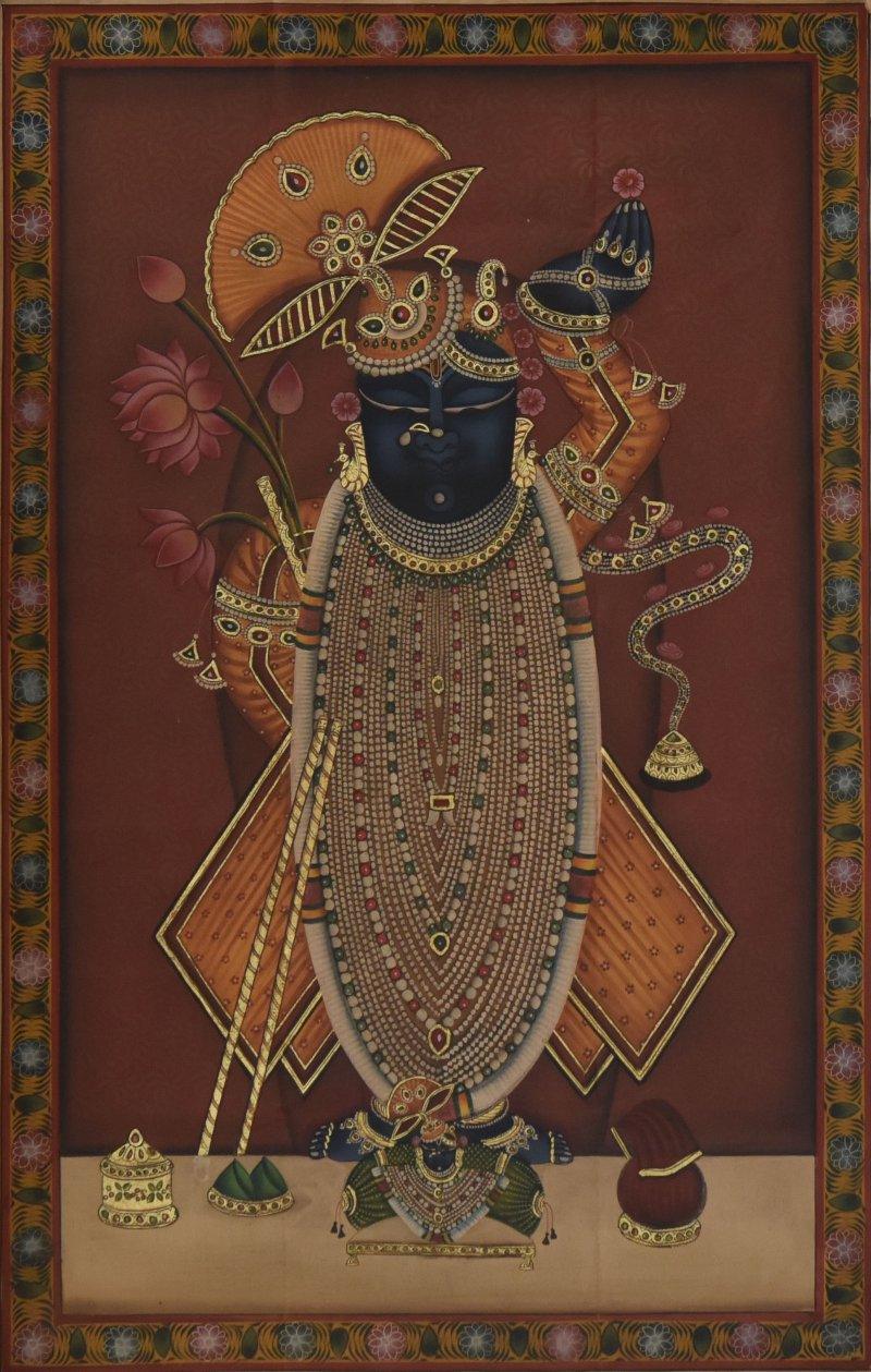 Religious tribal painting titled 'Pichwai', 23x36 inches, by artist Pichwai on Cloth