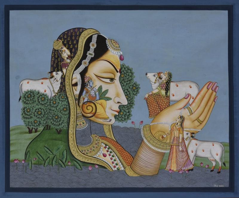 Religious pichwai traditional art titled 'Pichwai', 28x23 inches, by artist Pichwai Art on Cotton Cloth