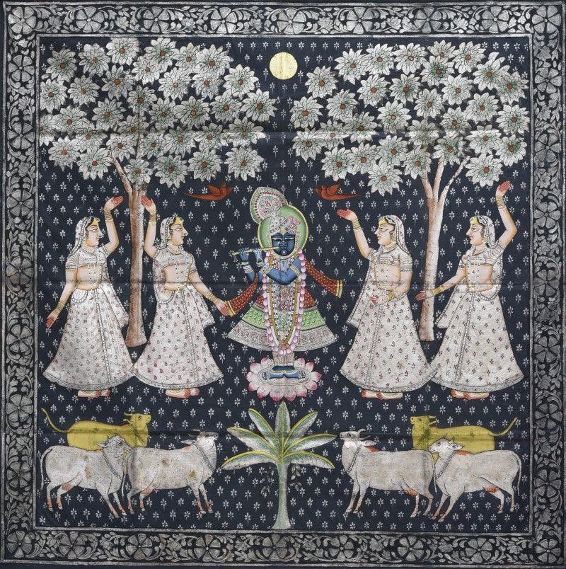 Religious tribal painting titled 'Pichwai', 48x48 inches, by artist Pichwai on Cotton Cloth