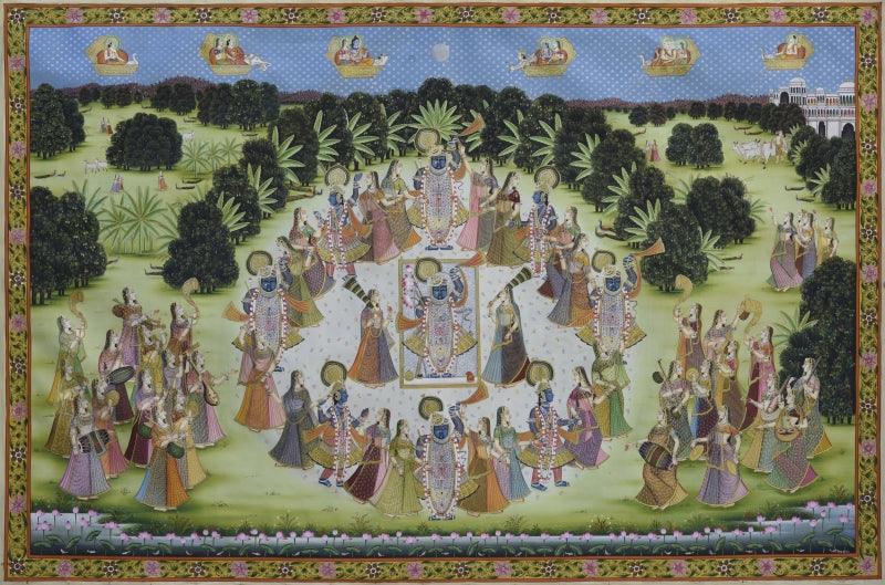 Religious pichwai traditional art titled 'Pichwai', 72x48 inches, by artist Pichwai Art on Cotton Cloth