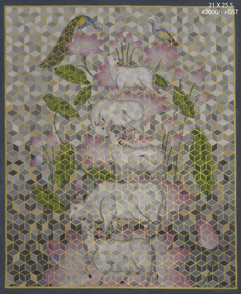 Religious pichwai traditional art titled 'Pichwai', 21x25 inches, by artist Pichwai Art on Cotton Cloth