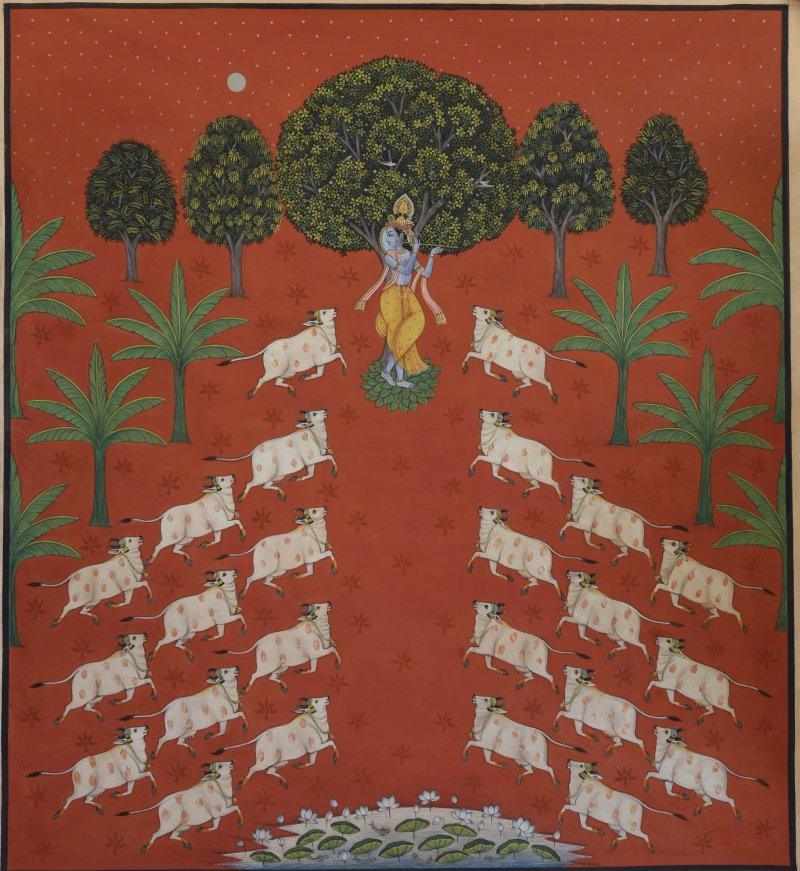 Religious tribal painting titled 'Pichwai', 39x42 inches, by artist Pushkar Lohar on Cloth