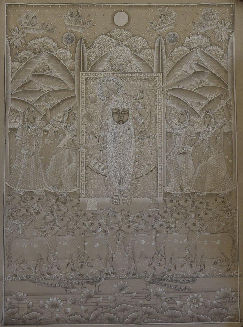 Religious tribal painting titled 'Pichwai', 33x45 inches, by artist Unkown on Cloth