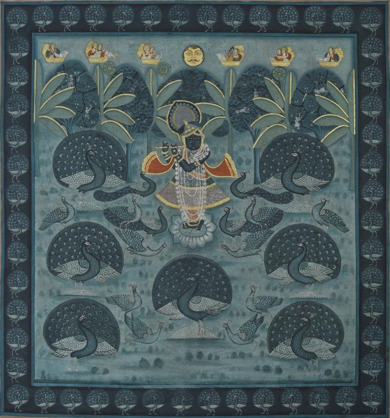 Religious pichwai traditional art titled 'Pichwai', 48x52 inches, by artist Pichwai Art on Cotton Cloth