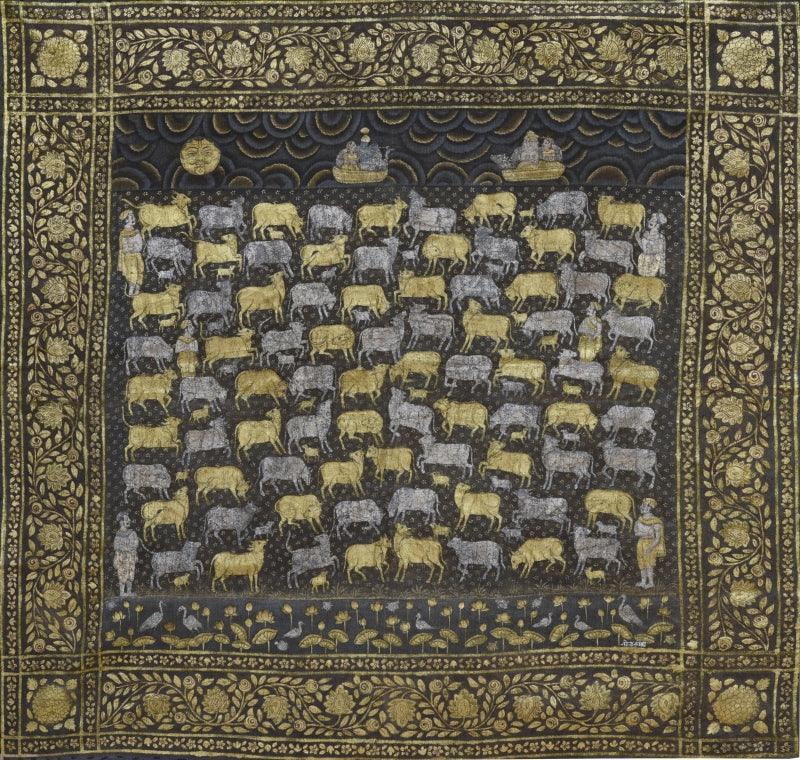 Religious pichwai traditional art titled 'Pichwai', 30x29 inches, by artist Pichwai Art on Cotton Cloth