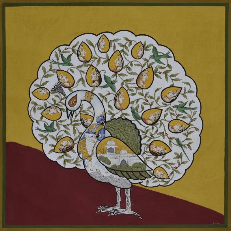 Religious pichwai traditional art titled 'Pichwai', 37x37 inches, by artist Pichwai Art on Cotton Cloth