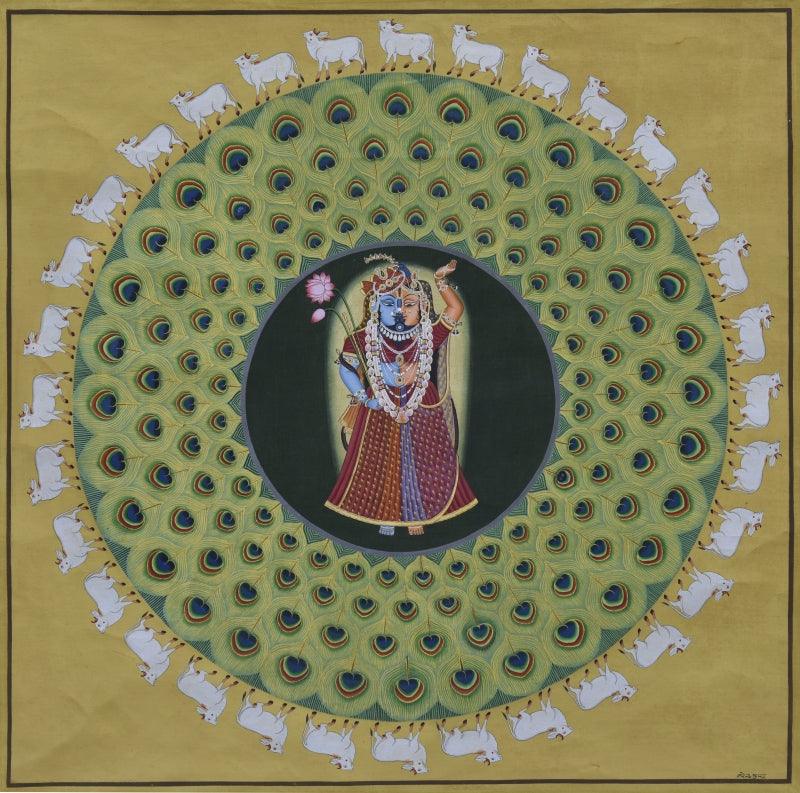 Religious pichwai traditional art titled 'Pichwai', 26x26 inches, by artist Pichwai Art on Cotton Cloth