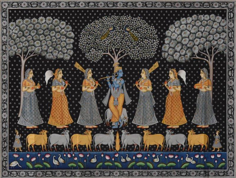 Religious tribal painting titled 'Pichwai', 48x36 inches, by artist Unknown on Cloth