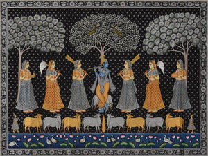 Religious tribal painting titled 'Pichwai', 48x36 inches, by artist Unknown on Cloth