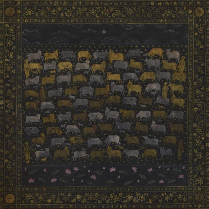 Religious mixed media titled 'Pichwai Cows', 41x41 inches, by artist Pushkar Lohar on Cloth
