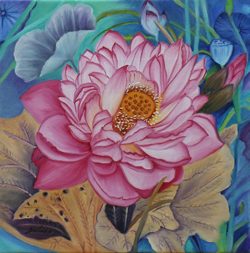 Nature oil painting titled 'Pink Lotus', 18x18 inches, by artist Sulakshana Dharmadhikari on canvas