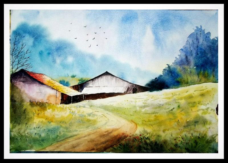 Landscape watercolor painting titled 'Plain Air', 15x28 inches, by artist Biki Das on Paper