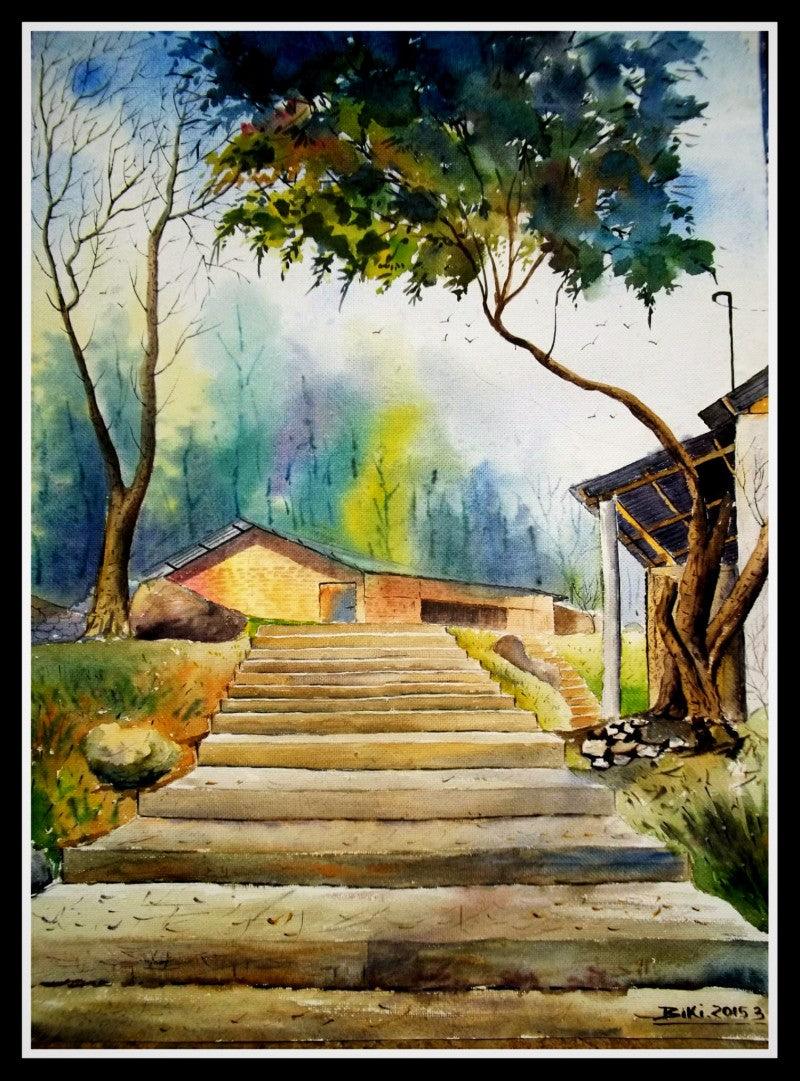 Landscape watercolor painting titled 'Plain Air', 28x30 inches, by artist Biki Das on Paper