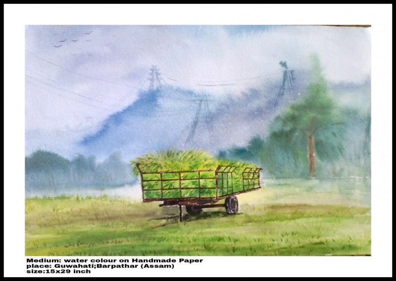 Landscape watercolor painting titled 'Plain Air', 14x30 inches, by artist Biki Das on Paper