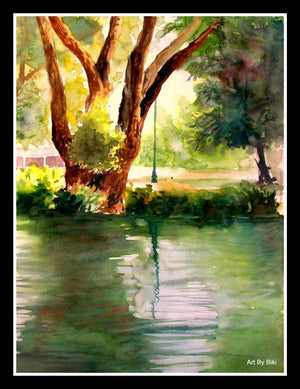 Plain Air (Mirror of the Sky) by Biki Das, Original Watercolor Nature Painting on Paper, Small Vertical Wall Art