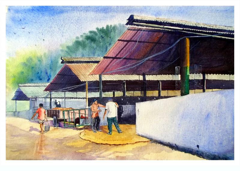 Figurative watercolor painting titled 'Plain air', 22x14 inches, by artist Biki Das on Paper