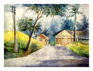 Plain Air (Path Through the Hamlet) by Biki Das, Original Watercolor Landscape Painting on Paper, Medium Horizontal Wall Art
