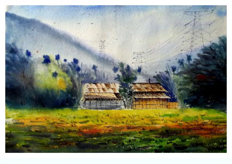 Landscape watercolor painting titled 'Plain air', 22x14 inches, by artist Biki Das on Paper