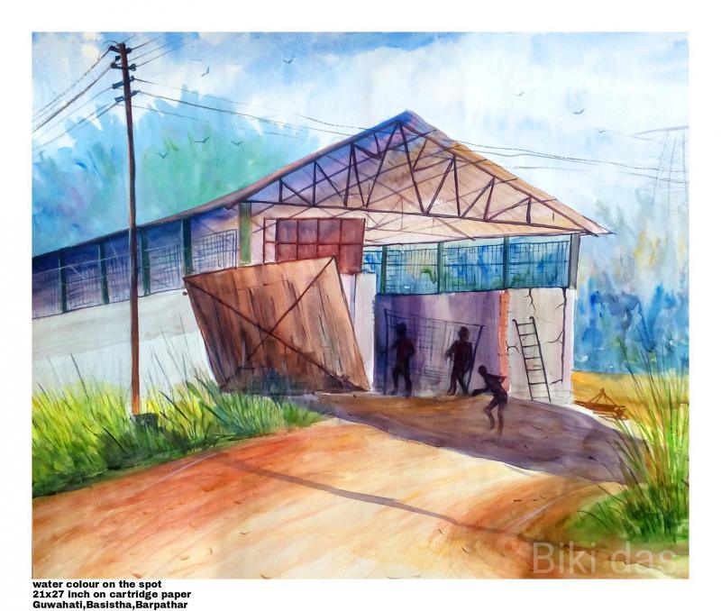 Landscape watercolor painting titled 'Plain air', 21x14 inches, by artist Biki Das on Paper