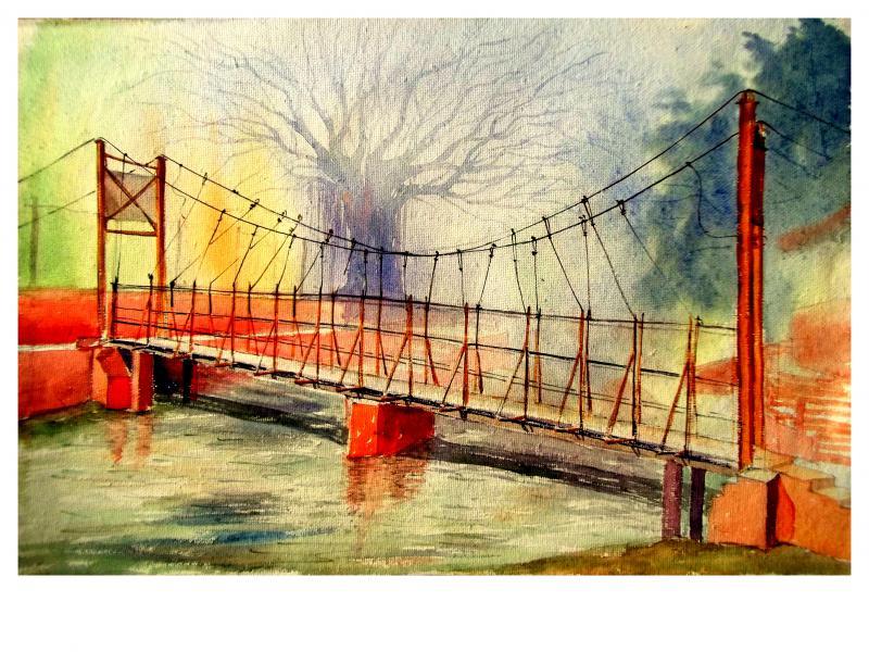 Landscape watercolor painting titled 'Plain air', 22x14 inches, by artist Biki Das on Paper